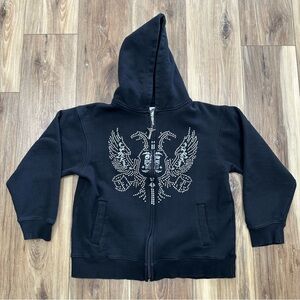 Vtg Y2K Avirex Rhinestone Eagle Skulls Full Zip Hoodie Gothic Black Women’s M